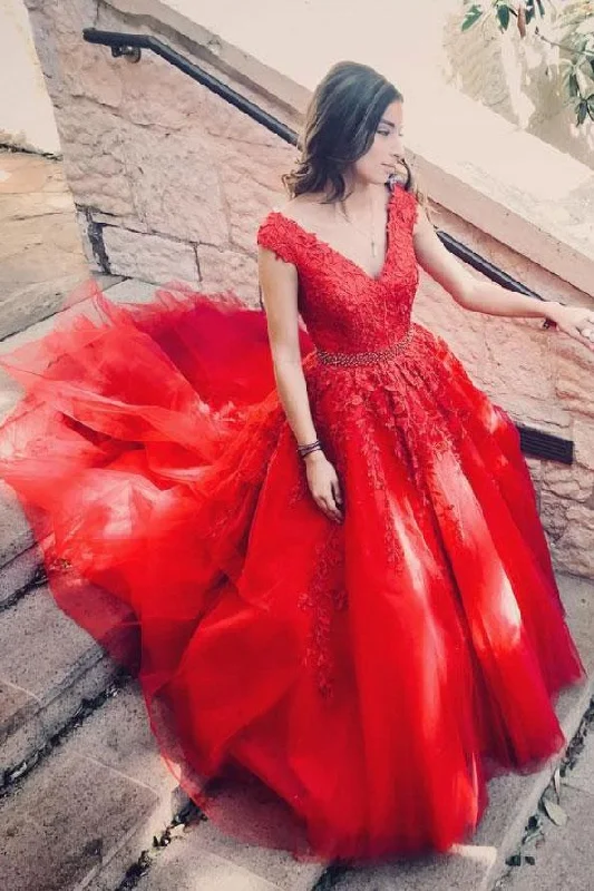 prom dress accessoriesBall Gown Red Lace and Tulle Prom Dress