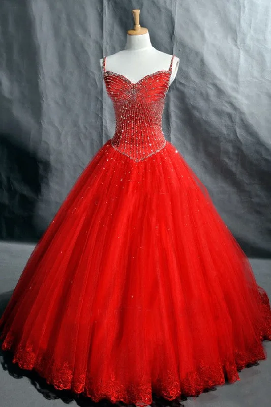 prom dresses with sheer overlaysBall Gown Spaghetti Straps Red Prom Dress