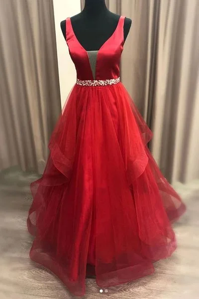 illusion sleeve prom dressesBall Gown Tiered Skirt Red Prom Dress