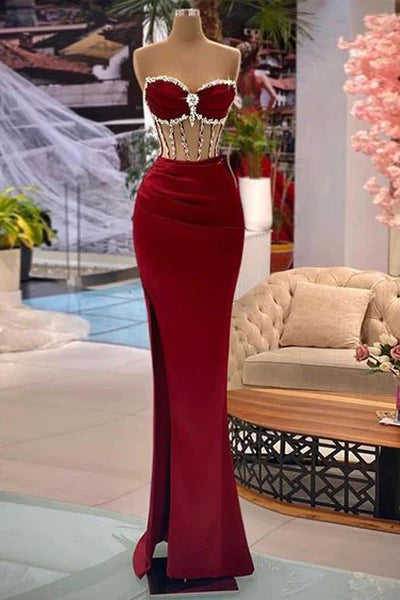 prom dress accessoriesBeaded Burgundy Mermaid Prom Dress