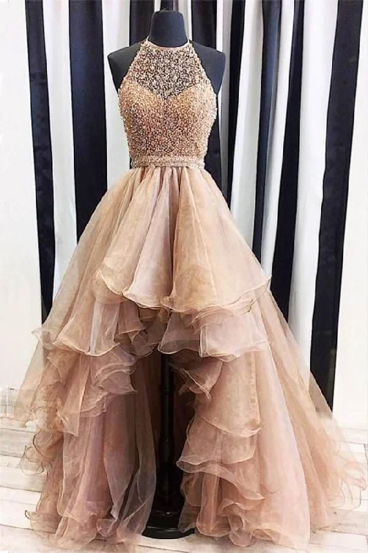 prom dress alterationsBeaded Coffee High Low Prom Dress