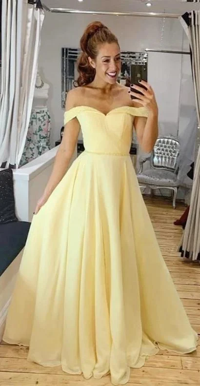 off-shoulder prom dressesBeaded Off Shoulder Sleeve Yellow Prom Dress