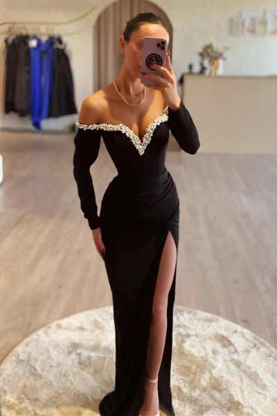 elegant prom dressesBlack Long Sleeves Pearl Prom Dress with High Split V-Neck