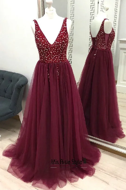 silk prom dressesElegant V-neckline Burgundy Beaded Prom Dress