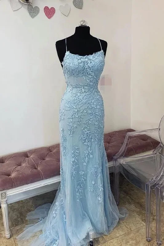 satin prom dressesFitted Lace Up Back Light Blue Prom Dress