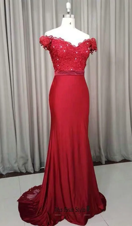 prom dress try-on ideasFitted Off Shoulder Sleeve Deep Red Prom Dress