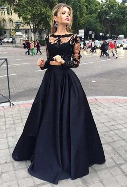 sequined prom dressesFull Length Black Lace Two-pieces Prom Dresses