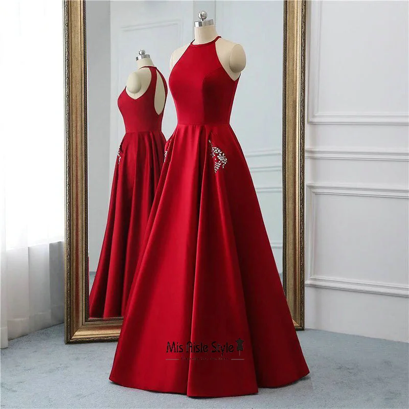 chiffon prom dressesHalter Neckline Deep Red Prom Dress