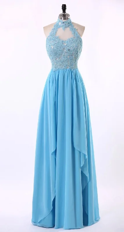 prom dress try-on ideasHalter Neckline Keyhole Back Blue Lace Prom Dress