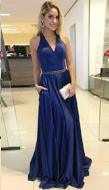 prom dresses for pear shapesHalter Neckline Navy Blue Prom Dress