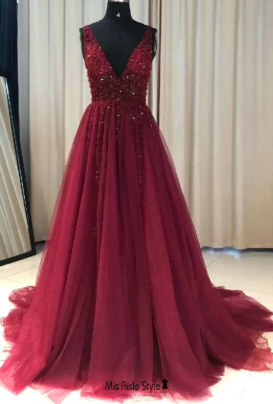 mermaid prom dressesHandmade Beaded Burgundy V-back Prom Dress