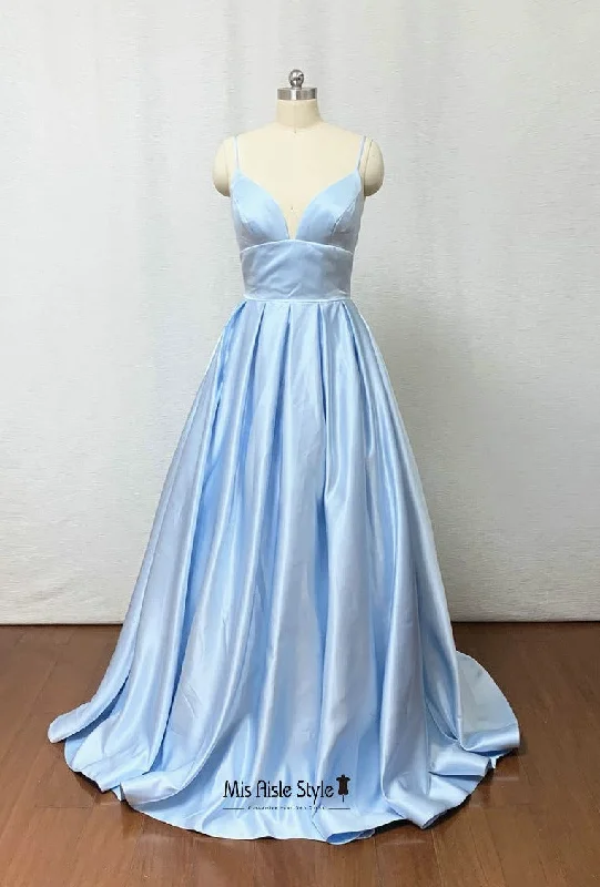 mid-length prom dressesHigh Quality Soft Satin Light Blue Prom Dress