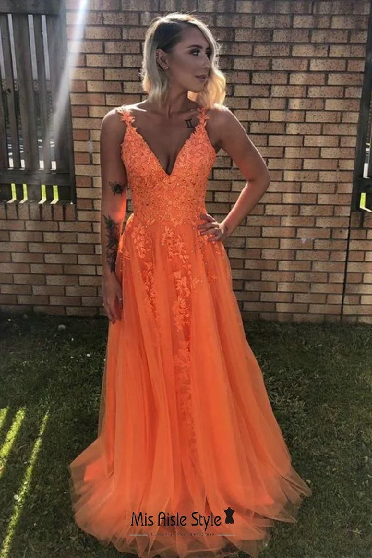 glamorous prom dressesLong A line Orange Prom Dress