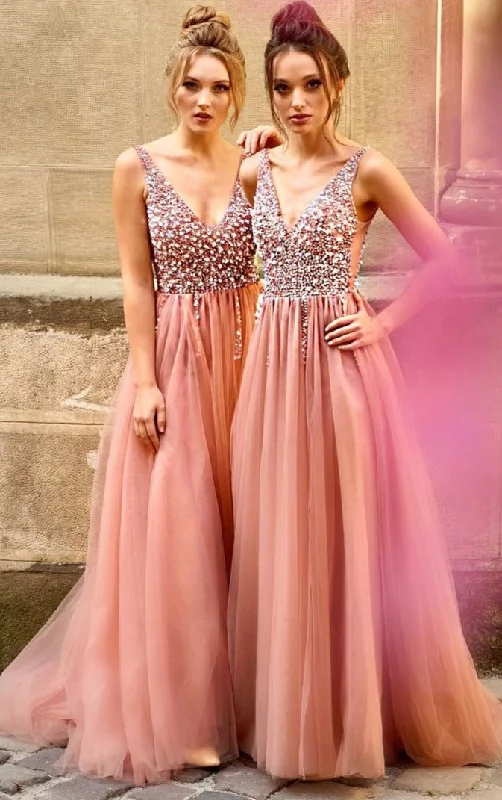 fitted prom dressesLong Beaded Blush Pink Prom Dress