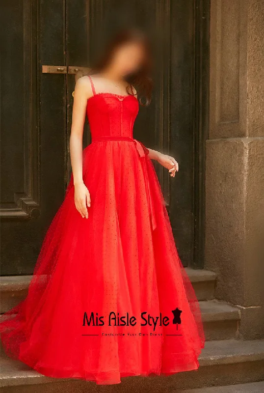 prom dresses with lace appliquésLong Dot Tulle Red Prom Dress