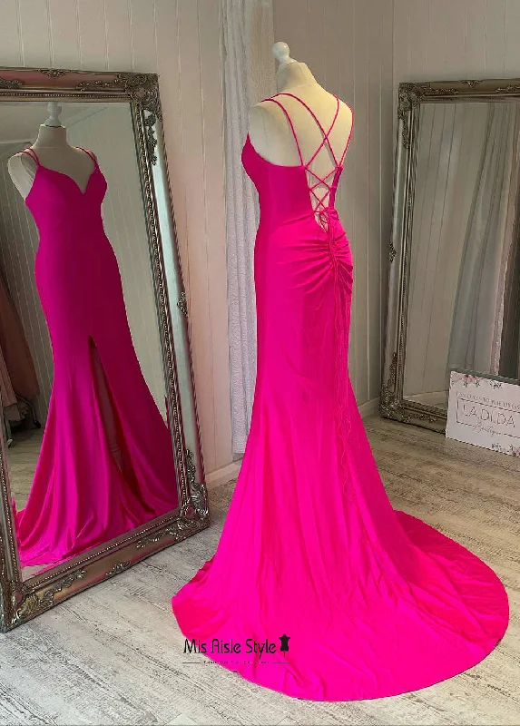 spaghetti strap prom dressesLong Hot Pink Prom Dress