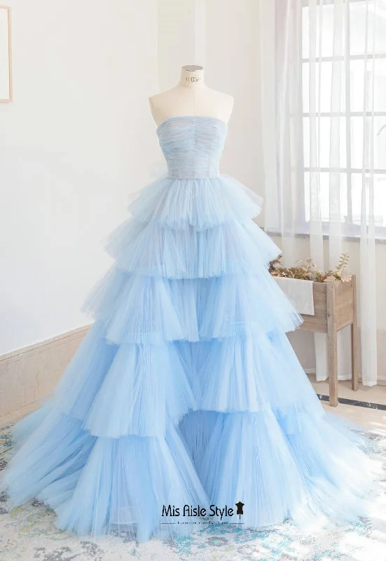 halter neck prom dressesLong Ruffle Skirt Blue Prom Dress