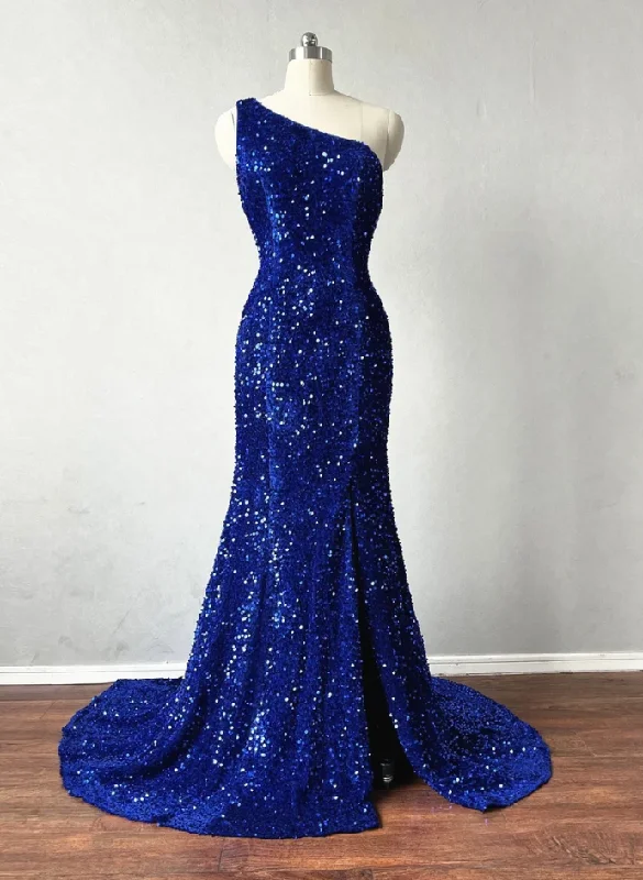 sparkly prom dressesMermaid One Shoulder Blue  Prom Dress