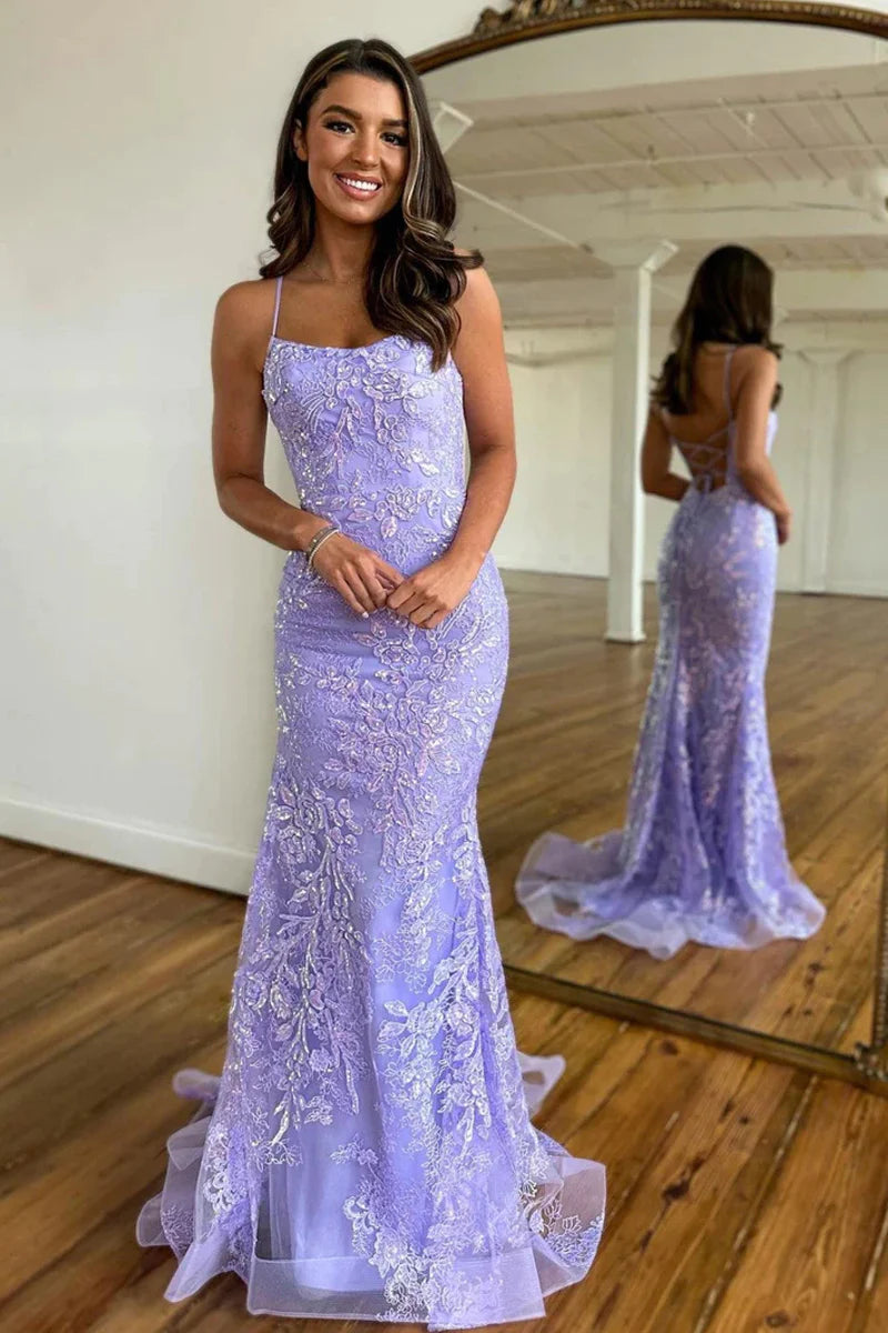 prom dresses for curve-hugging figuresMermaid Scoop Neck Lilac Sequin Lace Long Prom Dresses