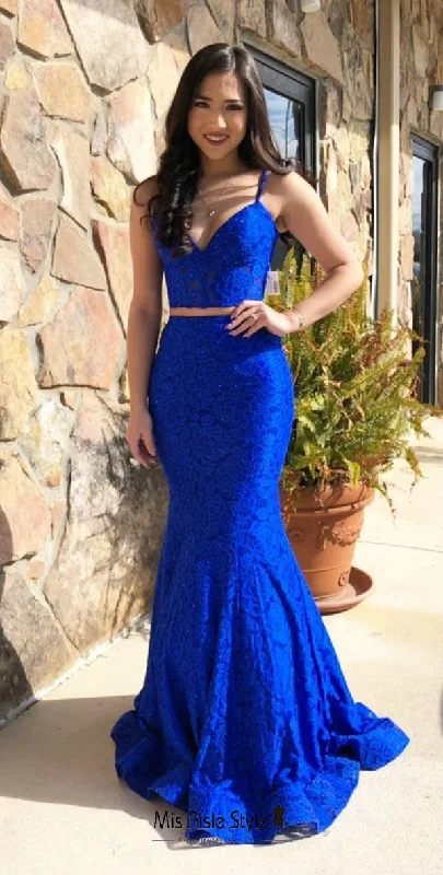 prom dresses with detachable sleevesMermaid Two Piece Royal Blue Prom Dress