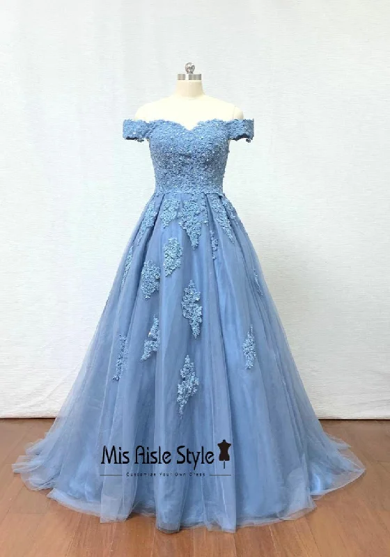 off-the-shoulder prom dressesOff Shoulder Sleeve Blue Lace Prom Dress