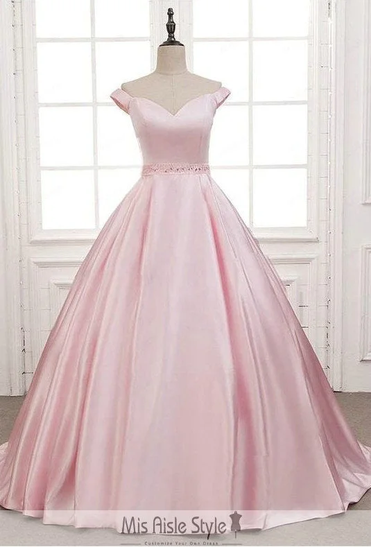 sleeveless prom dressesOff Shoulder Sleeve Pearl Pink Ball Gown Prom Dress