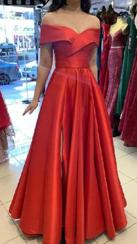 mini prom dressesOff Shoulder Sleeve Sexy Slit Red Prom Dress