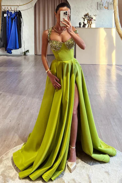 vintage prom dressesOlive Green Off-the-Shoulder Prom Dress with A-Line Cut Long Slit and Sequins