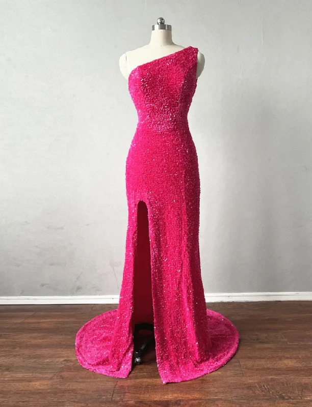 beaded prom dressesOne  Shoulder Slit Sparkle Dark Pink Prom Dress