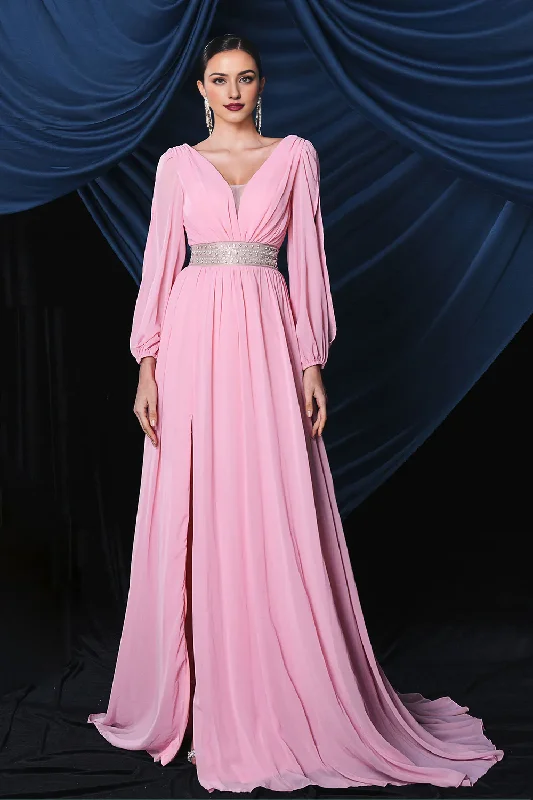 high-slit prom dressesPink Chiffon Long Sleeves Formal Prom Dress With Slit