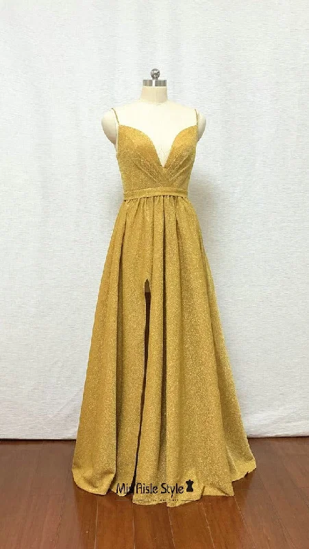 bodycon prom dressesSexy Long Slit Sparkle Yellow Prom Dress