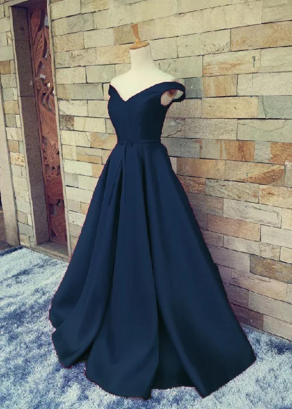 empire waist prom dressesSexy Off Shoulder Sleeves Navy Blue Prom Dress