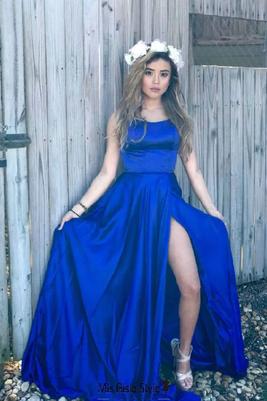 lace-up prom dressesSexy Slit Royal Blue Prom Dress