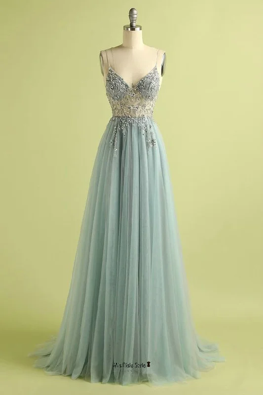 prom dress inspiration galleriesSexy Spaghetti Straps Illusion Beaded Prom Dress