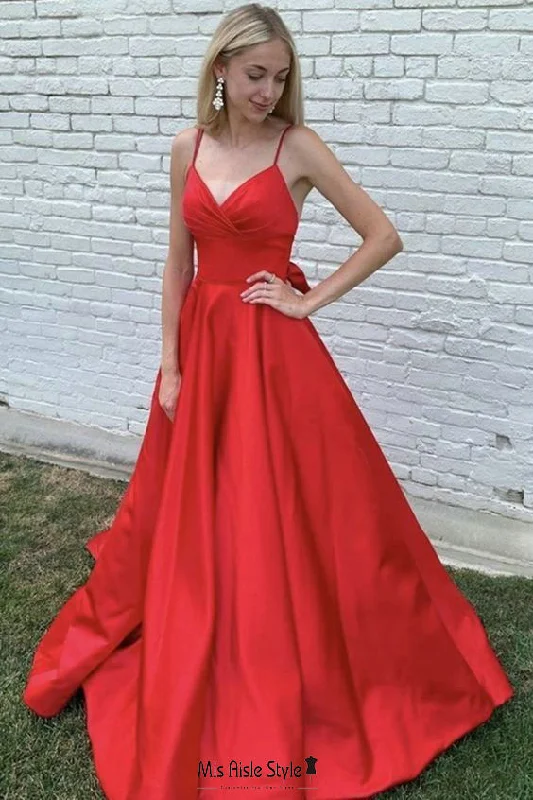 open-back prom dressesSimple Spaghetti Straps Red Prom Dress