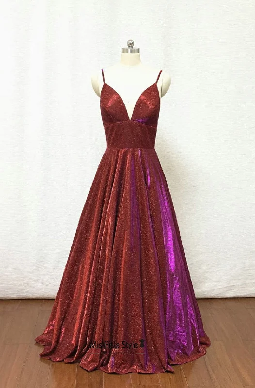 long prom dressesSimple Spaghetti Straps Sparkle Burgundy Prom Dress