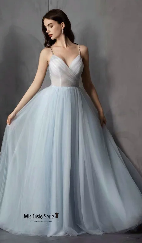 elegant prom dressesSpaghetti Straps Backless Sky Blue Prom Dress