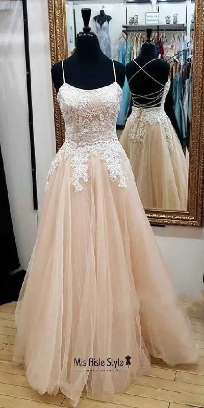 tulle prom dressesSpaghetti Straps Criss Cross Back Champagne Prom Dress