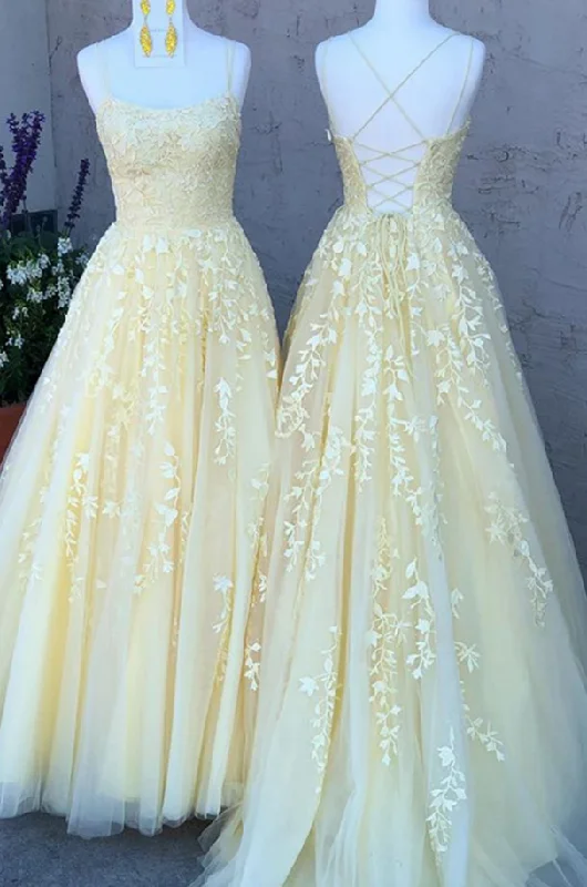 ball gown prom dressesSpaghetti Straps Yellow Lace Prom Dress