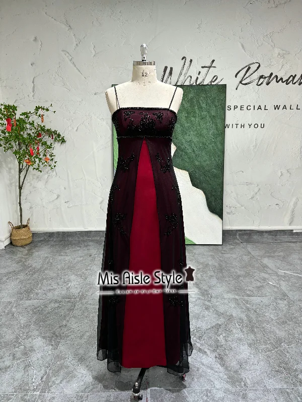 flowy prom dressesSquare Neckline Black and Red Beaded Prom Dress