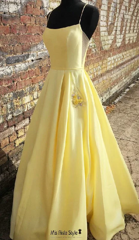 sweetheart neckline prom dressesSquare Neckline Yellow Prom Dress with Pocket