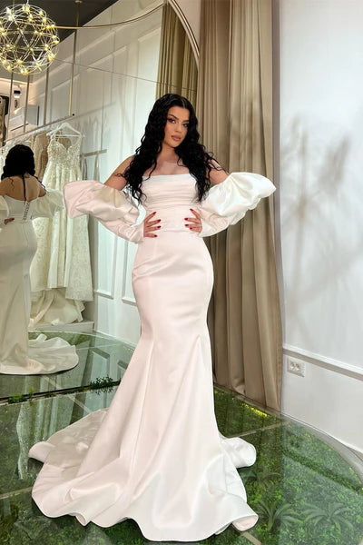 lace prom dressesStrapless White Mermaid Prom Dress Lace-Up Back Detachable Sleeves