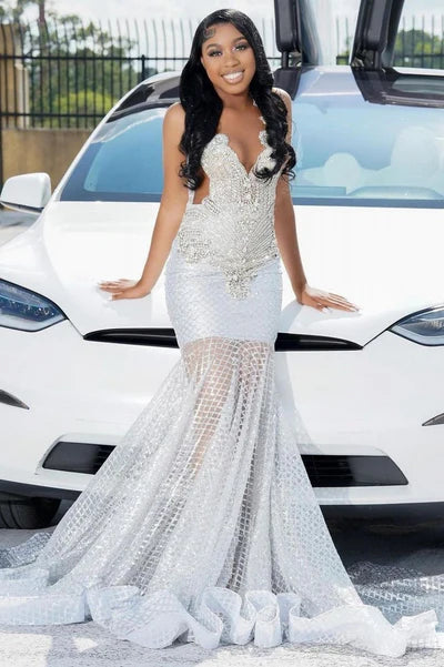 prom dresses with illusion panelsStraps V-neck Silver Beaded Mermaid Sparkle Prom Dresses