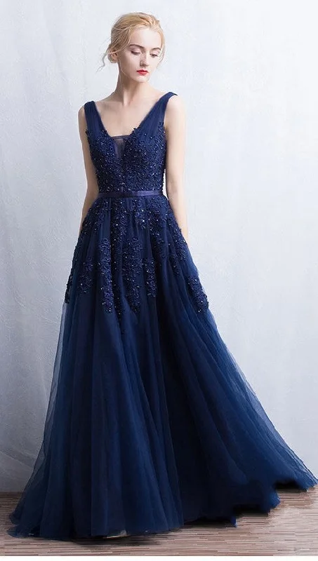 prom dress inspiration galleriesV-back Navy Blue Tulle and Lace Prom Dress